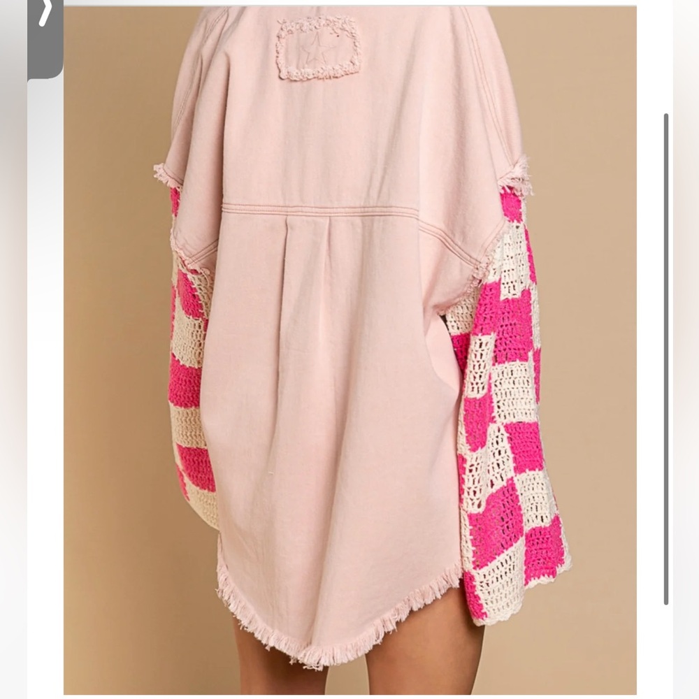 POL Crotchet Pink and White Crochet Sleeve Lightweight Jacket! NWOT!